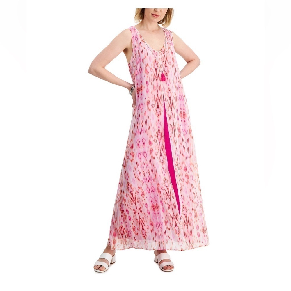 Pink Ikat Sheer Overlay Sleeveless Maxi Dress Coverup Petite Medium Vacation